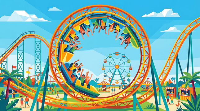 Excited passengers on a thrilling rollercoaster loop with a Ferris wheel in the background at an amusement park