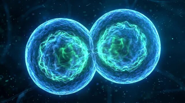 Distant View of Glowing Cell Undergoing Cytokinesis in Blue Organic Fluid Environment