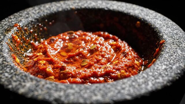 Close up of grinding fresh red chili paste in a stone mortar and pestle.