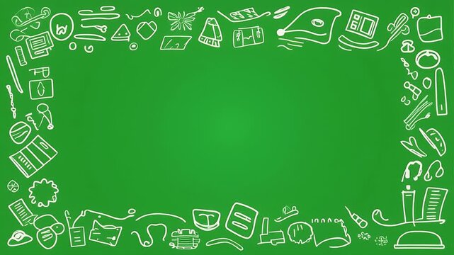 A green chalkboard with a white border of hand-drawn educational and everyday objects.