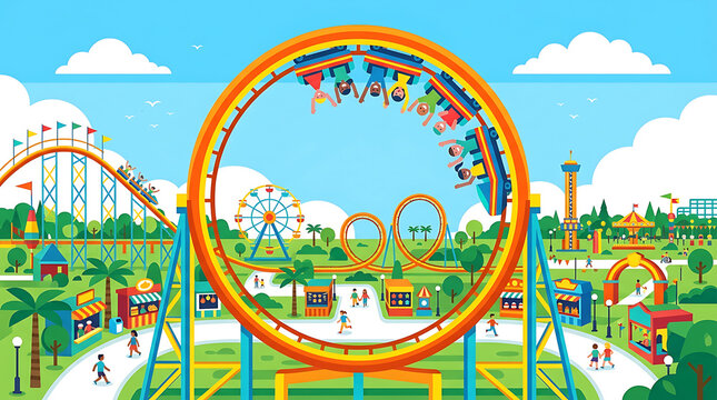 Roller Coaster Loop Ride in Amusement Park with Ferris Wheel and Sunny Sky