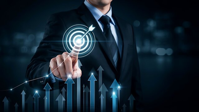 Businessman reaching for business target with growing financial success growth graph charts and digital interface