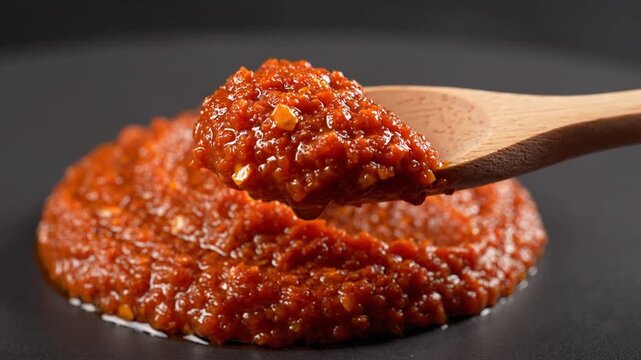 Close up of wooden spoon scooping spicy red chili paste on dark plate.