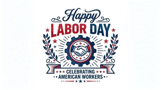 Happy labor day illustration beautifully celebrating dedicated american workers with lovely floral arrangements and industrial gear design elements