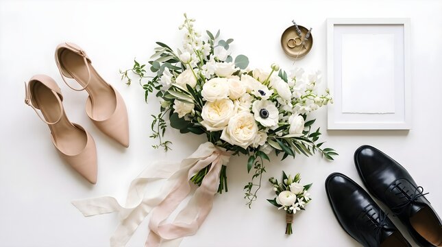 A beautiful wedding day flat lay featuring bridal shoes a bouquet jewelry and groom's shoes