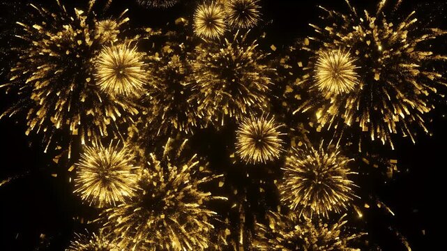 Golden fireworks explode against a dark background with falling confetti.