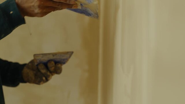 Wall plastering and putty application during the construction and interior finishing process.
