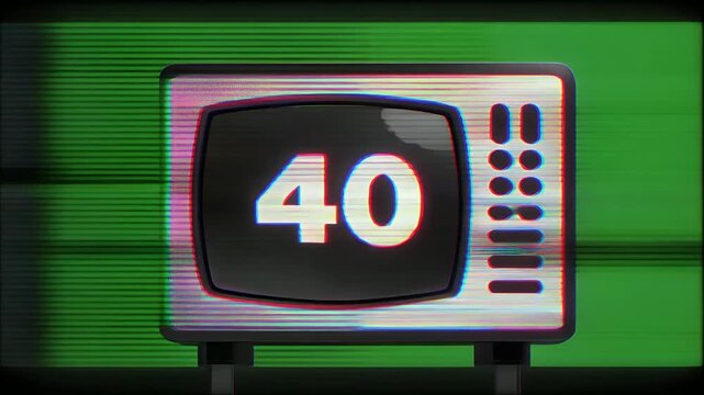 A retro television screen displays the number 40 with static and glitch effects.