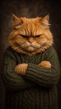 Vertical video of fluffy ginger cat stands with crossed arms and a stern expression in a humorous pose.