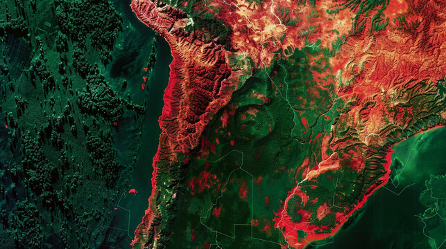 Satellite view of south america showing dense green rainforests contrasting with reddish terrain and topography features across the continent, research