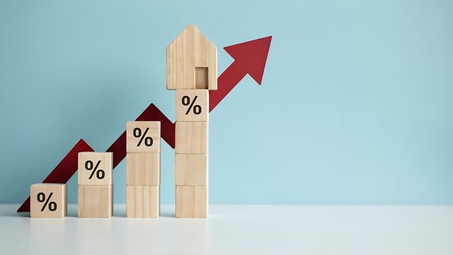 Wooden block chart with percent symbol and model house indicating rising mortgage interest rates