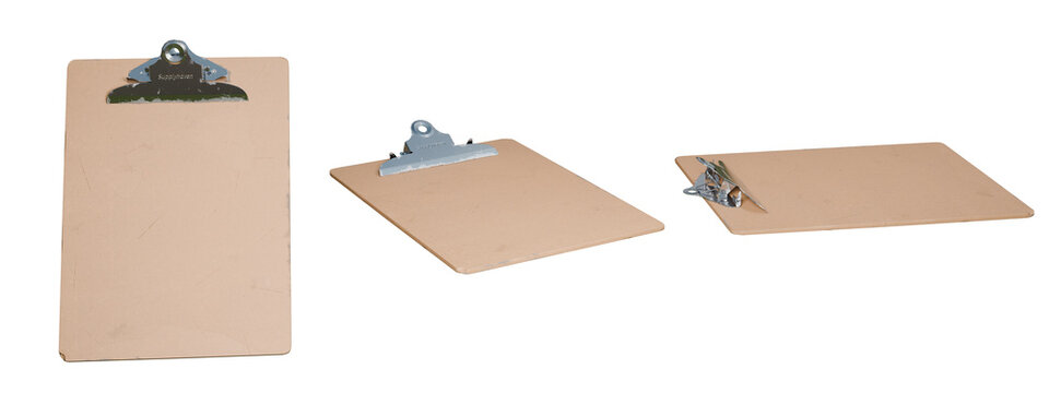 Set of brown clipboards shown in various angles isolated on white background