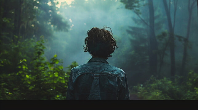 Rear view of a person with curly hair standing inside a dense atmospheric foggy forest surrounded by thick foliage and misty pine trees, landscape