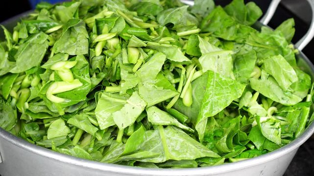 4K Video of Blanching Fresh Chinese Kale in Hot Water at Street Food Kitchen