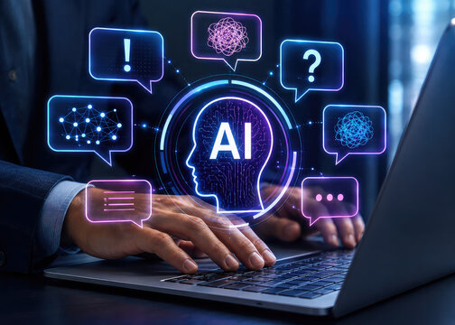 Futuristic Artificial Intelligence Technology Concept with Holographic Digital Brain and Laptop