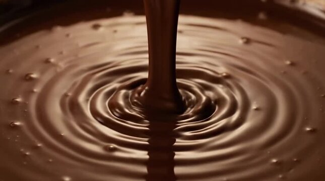 Dark chocolate liquid pouring into surface with ripples
