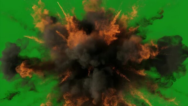A dramatic explosion of fiery particles and dark smoke against a vibrant green background.
