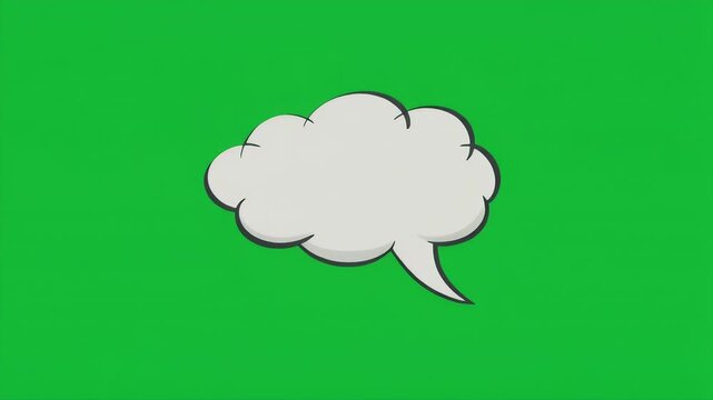A cartoon speech bubble graphic on a green screen background.