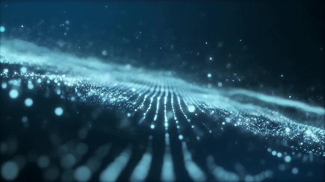 Abstract blue digital particles form a dynamic wavy surface.