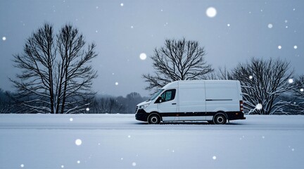 Fototapeta premium White delivery van travels on snowy road through winter forest. Bare trees covered in snow. Falling snowflakes create atmospheric winter scene. Vehicle handles cold weather conditions for cargo