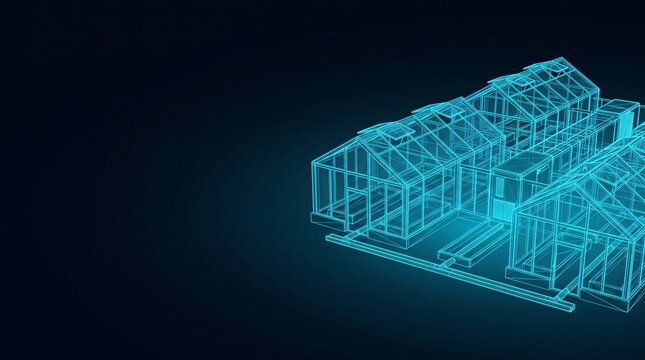 Futuristic blue digital wireframe hologram showing a detailed structural floor plan layout with wireframe hologram floorplan futuristic architecture building