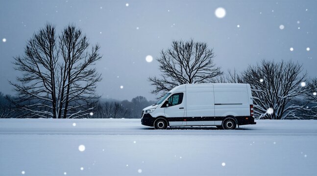 White delivery van travels on snowy road through winter forest. Bare trees covered in snow. Falling snowflakes create atmospheric winter scene. Vehicle handles cold weather conditions for cargo