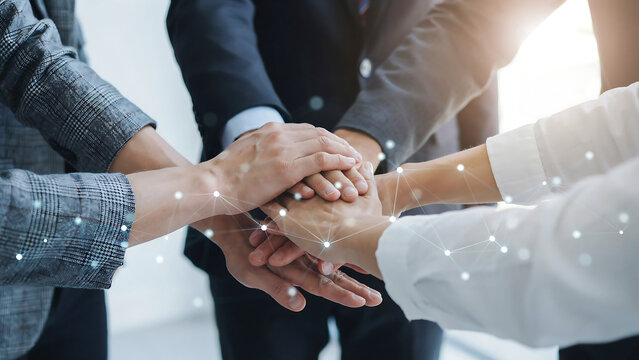 Business team putting hands together for unity and collaboration in digital workplace with teamwork collaboration business cooperation partnership professional corporate strategy connection
