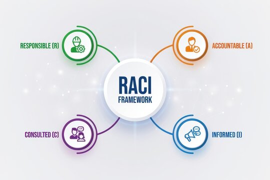 RACI framework business management diagram with colorful icons for task delegation. Ideal for organizational project management and leadership communications.