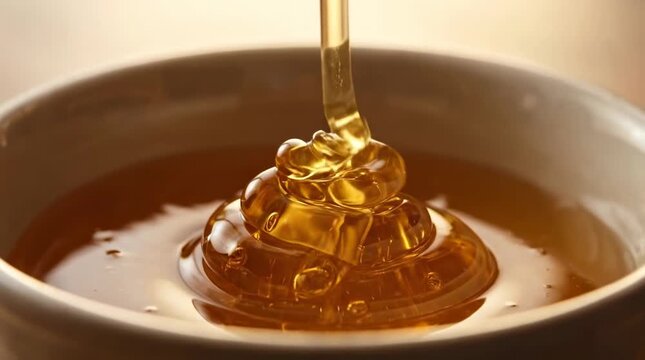 Golden honey pouring into a white bowl