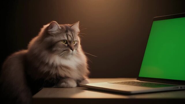 A fluffy cat sits in front of a laptop with a green screen.