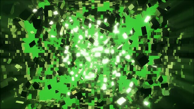 An abstract digital artwork features a dark, fragmented grid with bright green light emanating from within.