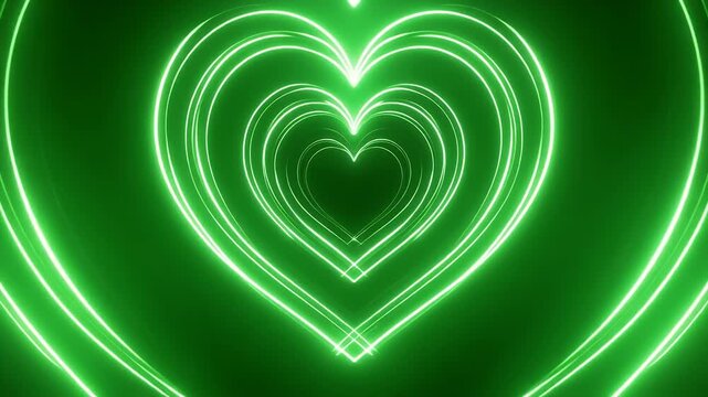 A series of glowing green neon heart shapes receding into the darkness.
