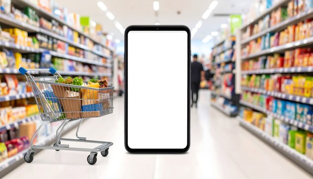 Smartphone displaying app on city street with bookshelves.