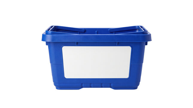 Blue plastic storage crate with blank white label isolated on white background