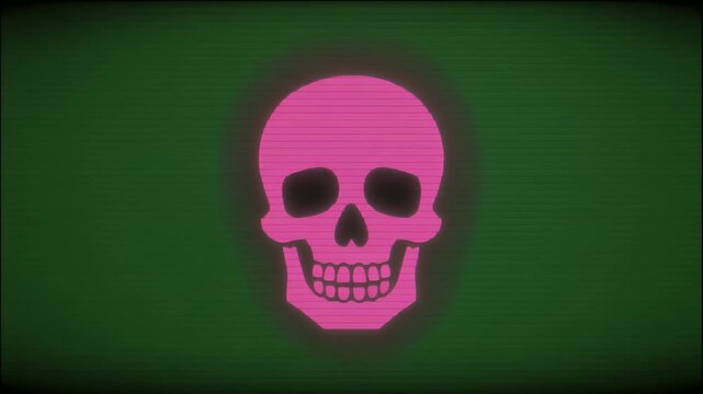 A bright pink skull silhouette glows against a textured green background.