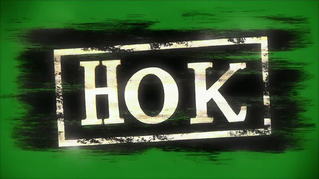 A distressed, glitchy stamp with the letters HOK against a green background.