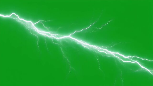 Bright white lightning strikes across a vibrant green background.