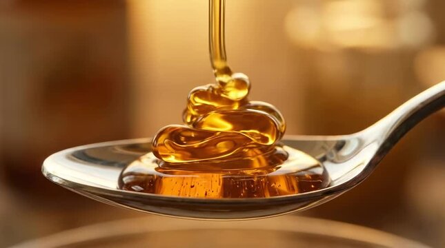 Golden honey pouring into silver spoon