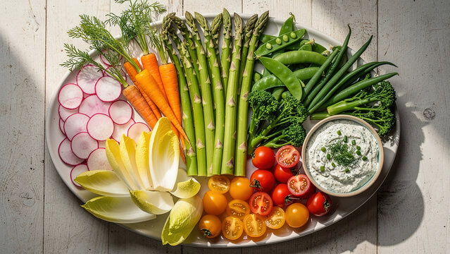 Top‑down view crudit&eacute; platter with mixed raw vegetables and herb dip, fresh seasonal veggies on rustic white wooden board