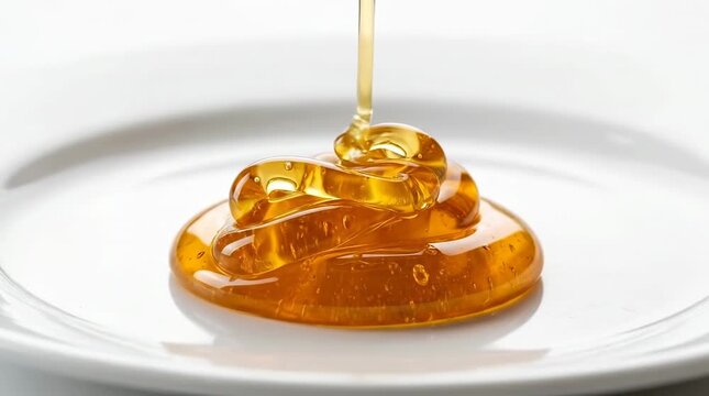 Golden honey pouring onto a white plate