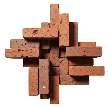 Stack of red clay bricks arranged in a creative geometric pattern isolated on transparent background