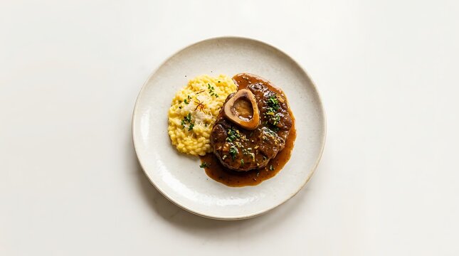 Delicious osso buco veal shank with creamy saffron risotto served on a round ceramic dinner plate. veal osso bucco