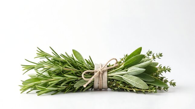 Fresh herbs tied with twine on white background