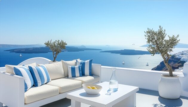 Luxury  terrace with blue cushions and furniture overlooks the Aegean Sea in Greece.