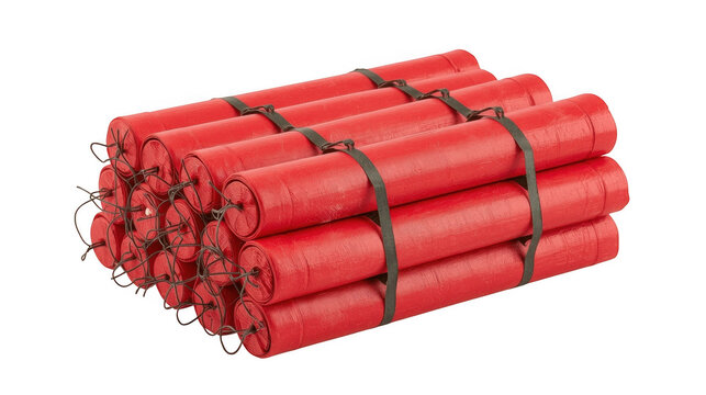 Dynamite bundle stacked with red explosive sticks and fuse wire rests against an isolated solid white backdrop.