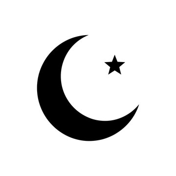 Black crescent moon with star icon Vector