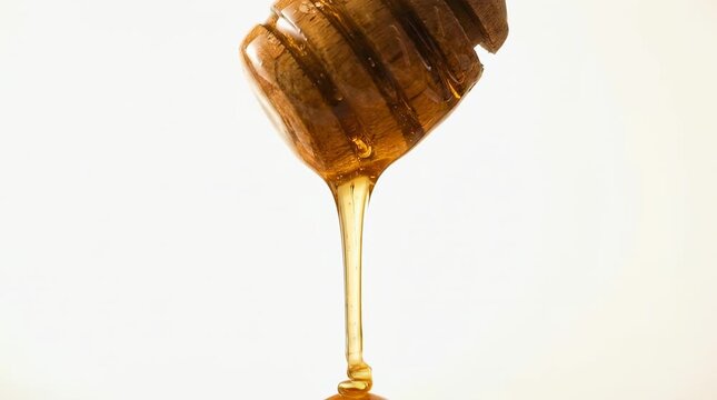 Honey dripping from wooden dipper