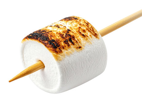 Gegrillter Marshmallow am Holzstab isoliert auf transparentem Hintergrund 