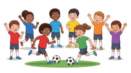 Fototapeta premium Group of diverse children playing soccer outdoors, with two soccer balls on green grass and joyful expressions in a vibrant illustration