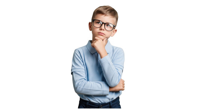 Smart boy thinking with glasses isolated on transparent background